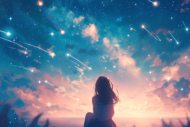 Dreamy Anime Girl Gazes At Nights Stars Evoking Peaceful And Introspective Emotions