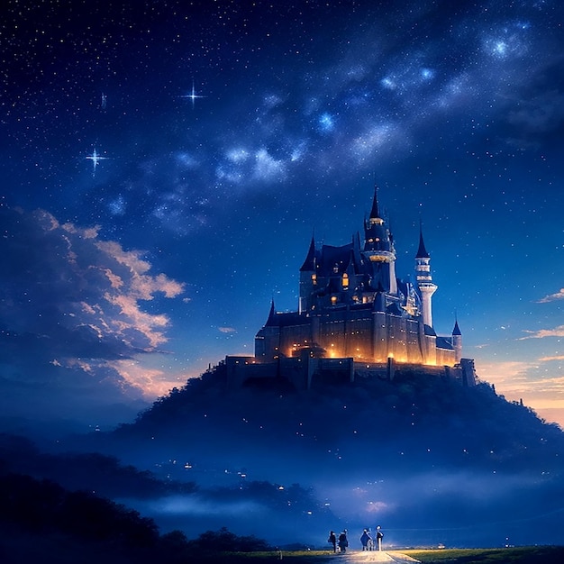 A dreamy anime painting of a starry night sky with a castle in the distance Aigenerated