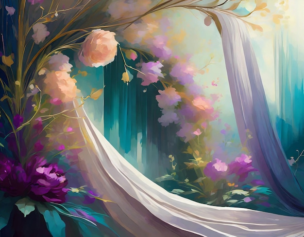 dreamy atmosphere by combining flowing drapery with an abundance of lush flowers