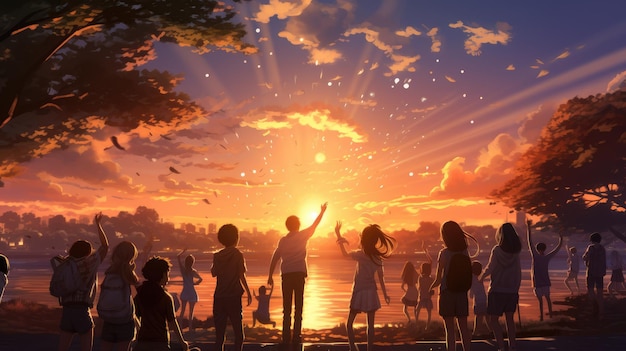 A dreamy background featuring a sunset over a schoolyard