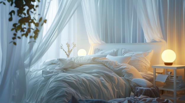 A dreamy bedroom scene with a bed featuring a white canopy illuminated lamps and soft lighting