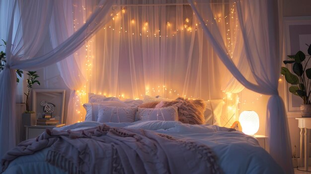 A dreamy bedroom scene with a bed featuring a white canopy illuminated lamps and soft lighting