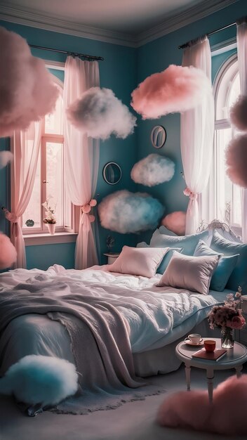 Photo dreamy bedroom with blue wall