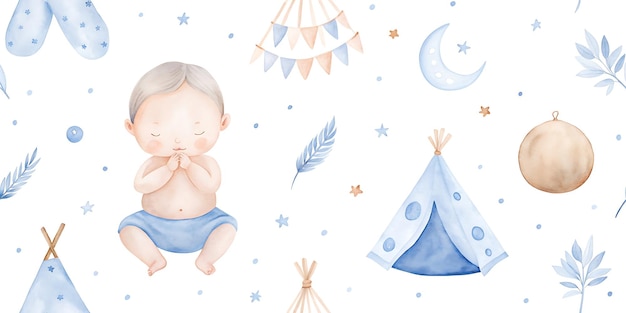 Photo dreamy blue watercolor newborn baby boy seamless pattern