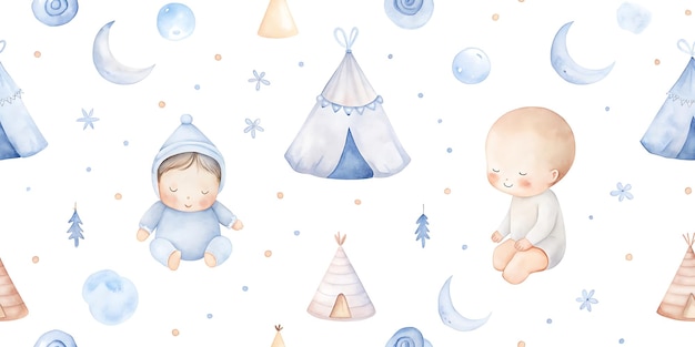 Photo dreamy blue watercolor newborn baby boy seamless pattern