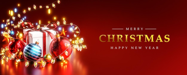 Dreamy Box Gift Christmas Ball Red Blue Gold Christmas Lights Bokeh Red Background Banner Card 3D Render