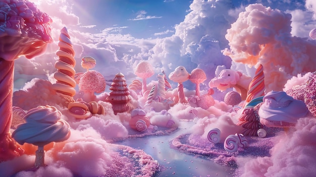 Dreamy candy land with vibrant sweets and surreal cloudscape