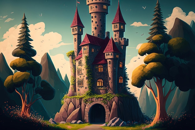 Dreamy castle palace tower stronghold in natural kingdom landscape digitally illustrated