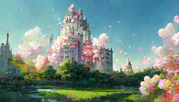 Dreamy castles at sunny spring day with pink flowers in foreground neural network generated art