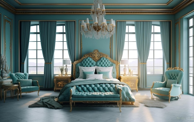 Dreamy cyan and gold bedroom with statement chandelier Generative AI