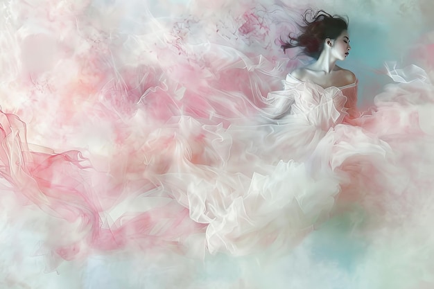 Dreamy ethereal woman in flowing white dress surrounded by soft pastel clouds creating a whimsical and surreal atmosphere