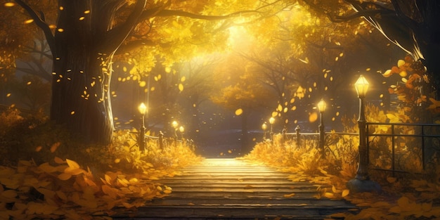 Dreamy evening landscape in autumn park with golden leaves falling from the trees and glowing lamp lights along the alley Generative AI illustration