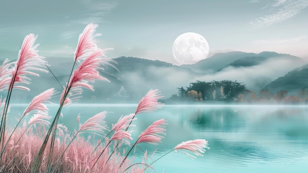 Photo dreamy fantasy lake surrounded by pink grass and teal water scene