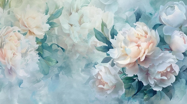 Dreamy Floral Background Soft Pink and White Peonies in Watercolor