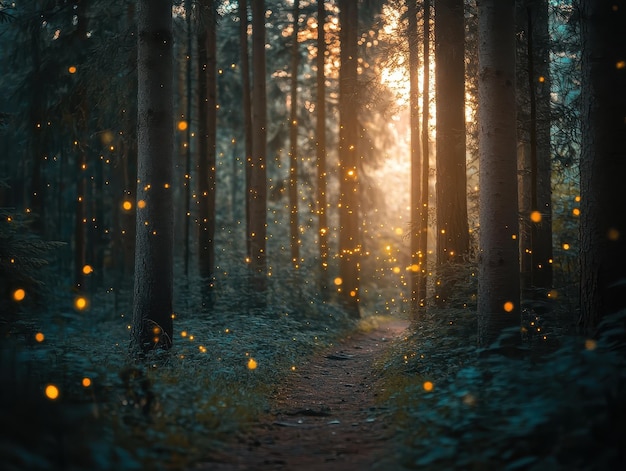 Dreamy forest scene with glowing fireflies at dusk