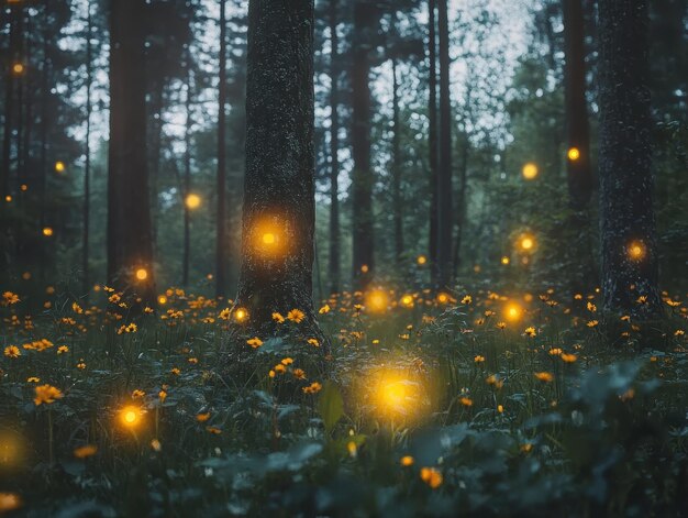 Photo dreamy forest scene with glowing fireflies at dusk