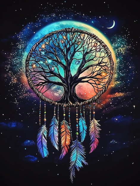 Photo a dreamy galaxy scene featuring a magical dream catcher with neon feathers and a tree of life