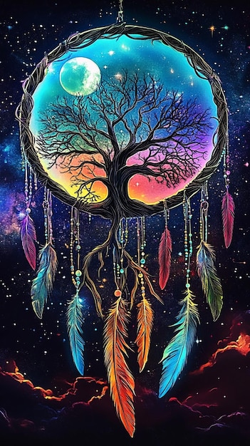 Photo a dreamy galaxy scene featuring a magical dream catcher with neon feathers and a tree of life