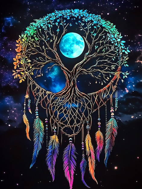 Photo a dreamy galaxy scene featuring a magical dream catcher with neon feathers and a tree of life