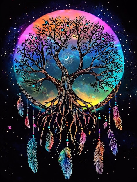 Photo a dreamy galaxy scene featuring a magical dream catcher with neon feathers and a tree of life