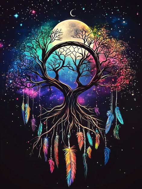 Photo a dreamy galaxy scene featuring a magical dream catcher with neon feathers and a tree of life