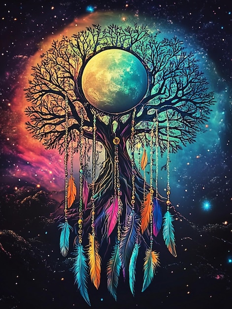 Photo a dreamy galaxy scene featuring a magical dream catcher with neon feathers and a tree of life