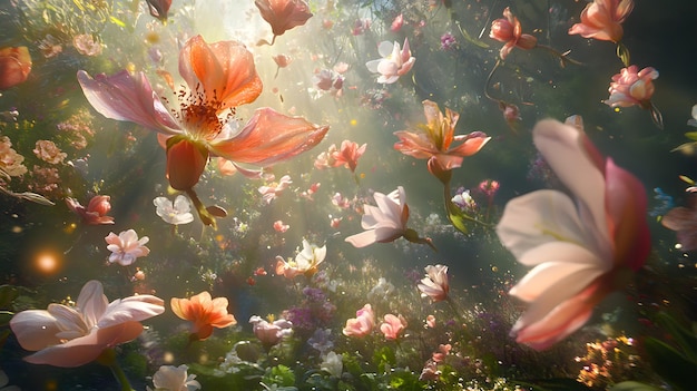 A Dreamy Garden Filled with Falling Petals and Sunlight