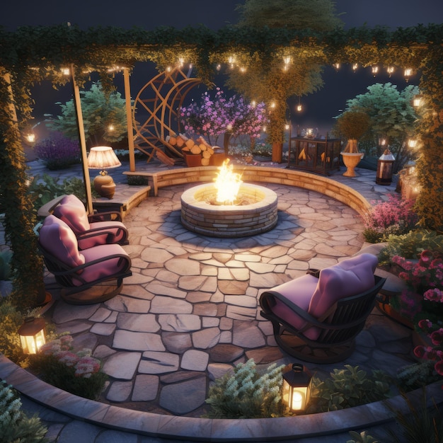 Dreamy Garden Oasis Lush 3d Scene With Lighted Trees And Cozy Fire Pit