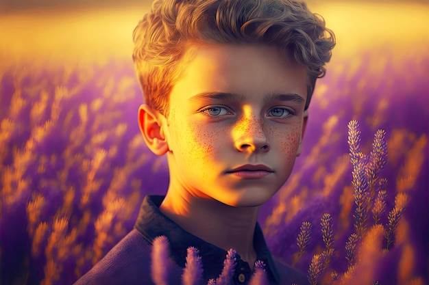 Dreamy gaze of boy standing on perpure lavanda field