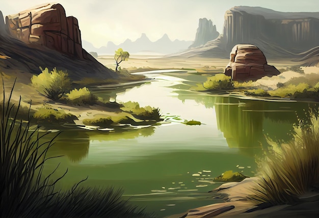 A Dreamy green River Illustration hand drawn Generate Ai