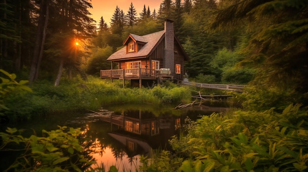 A dreamy image of a rustic luxury cabin in a lush forest overlooking a tranquil lake at sunset