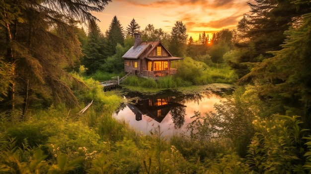 A dreamy image of a rustic luxury cabin in a lush forest overlooking a tranquil lake at sunset