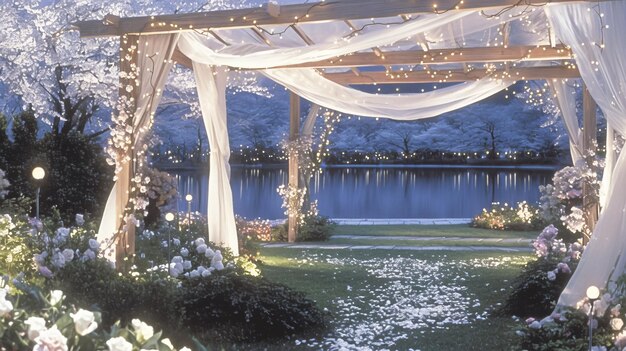 Photo dreamy lakeside wedding ceremony with twinkling lights and floral arch