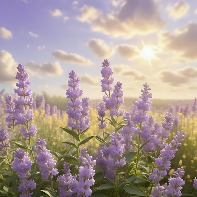 A dreamy lavender lilac blooming in a field of pale yellow inspired by impressionist brush strokes