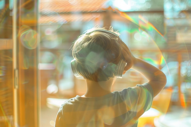 Dreamy light and reflection style image of a young person looking out through a window with colorful bokeh Warm tones and soft focus create a serene contemplative mood Generative AI