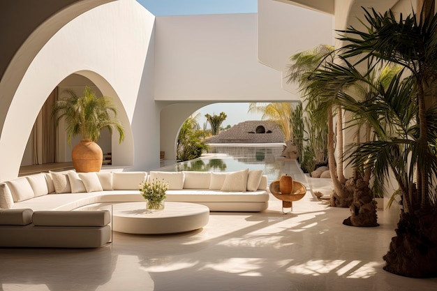 Dreamy Luxurious White Living Area with Arches and Pool