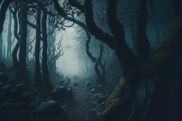 dreamy and misty forest, with a peaceful atmosphere and idyllic scenery