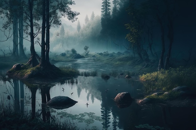 dreamy and misty forest, with a peaceful atmosphere and idyllic scenery