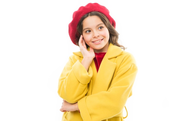 Dreamy mood Fashionable beret accessory for female Dress up like fashion girl Kid little cute girl smiling face posing in hat isolated on white Spring fashion Fashion accessory for little kids