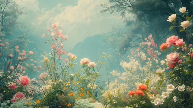 Dreamy mountain landscape with lush floral blooms and hazy sky