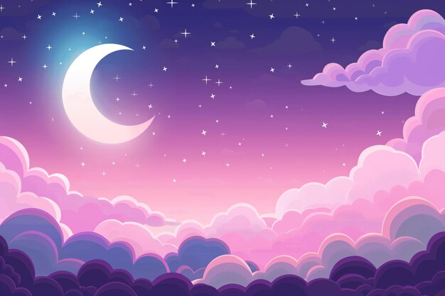 Photo dreamy night sky cartoon style illustration with pink and purple tones moon stars and clouds