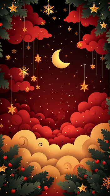 Dreamy Night Sky with Clouds Stars Crescent Moon and Fir Trees Vibrant Red and Gold Fantasy