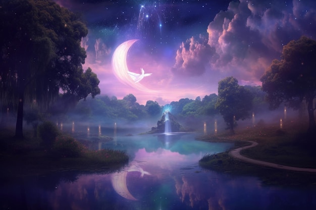 Dreamy nightscapes with mystical celestial beings Generative AI