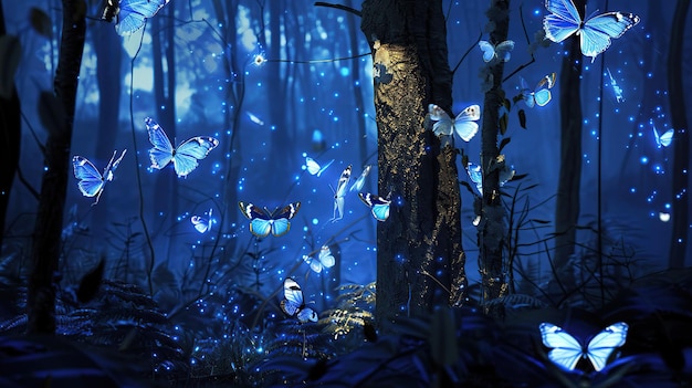 Dreamy Nocturne Nighttime Forest Alive with Illuminated Butterflies and Trunk Generative Ai