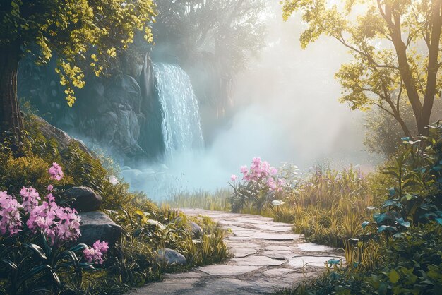 A dreamy paradise landscape with winding path leading to waterfall