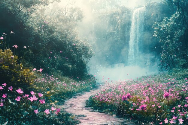 A dreamy paradise landscape with winding path leading to waterfall