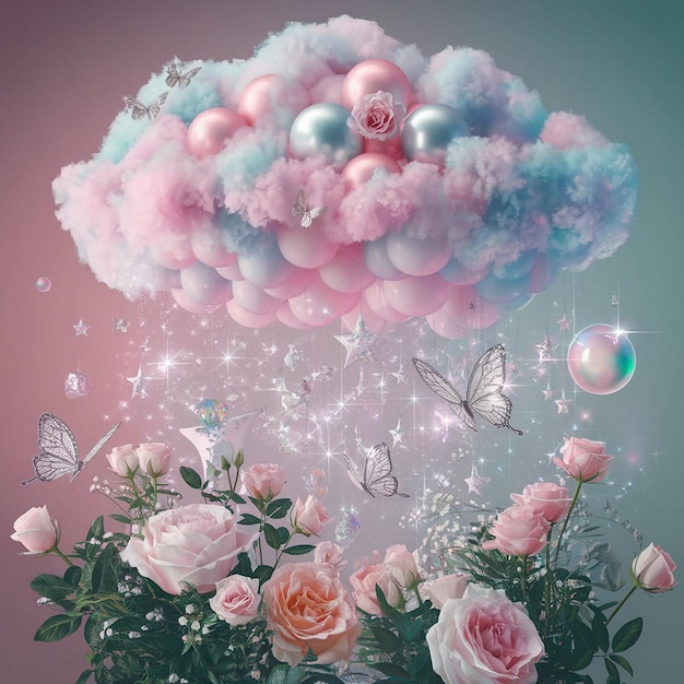 Dreamy Pastel Clouds with Butterflies and Roses Balloon Bouquet