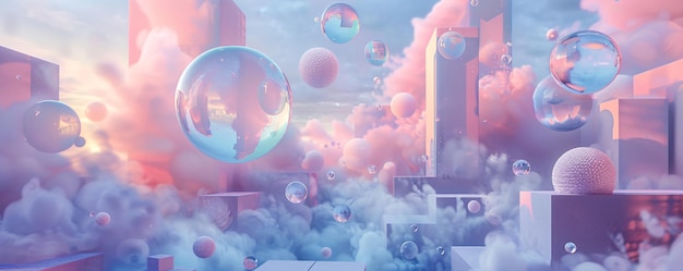 Dreamy pastel surreal landscape with floating spheres and buildings