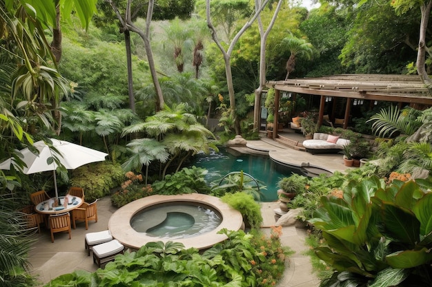 Dreamy patio with pool and hot tub surrounded by lush greenery