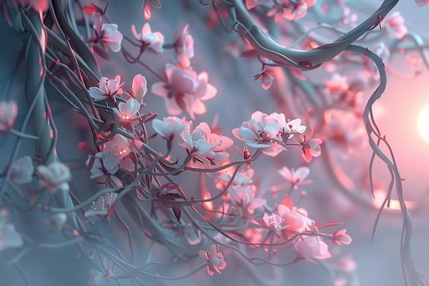 Dreamy Pink Cherry Blossom Branches with Soft Lighting Nature Photography